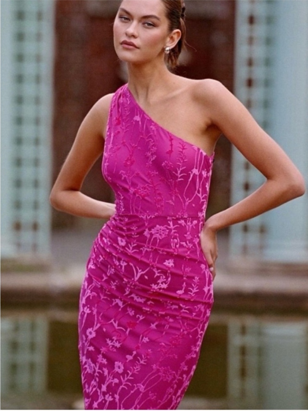 Hutch | Anthropologie | Monty Pink Velvet Floral One Sleeve Ruched Party Dress